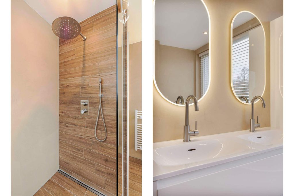 Modern bathroom with rain shower and double washbasin
